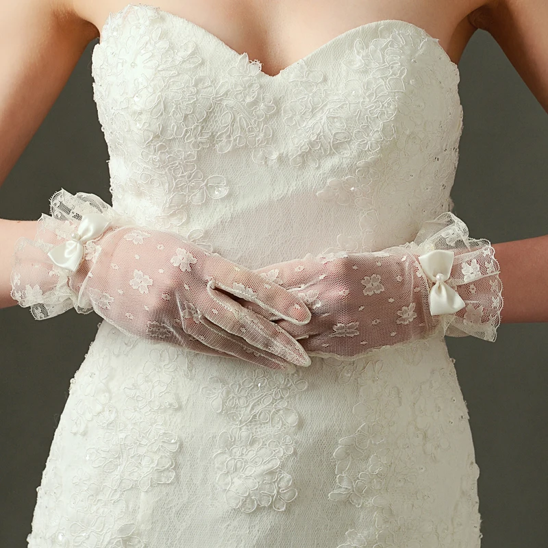 BRITNRY Wedding Gloves Bridal Gloves See Through Long Finger Lace