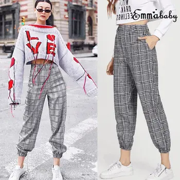 

Women Casual Plaid Pants High Waist Ankle-Length Long High Waist Pockets Loose Lady Capri Pants Summer