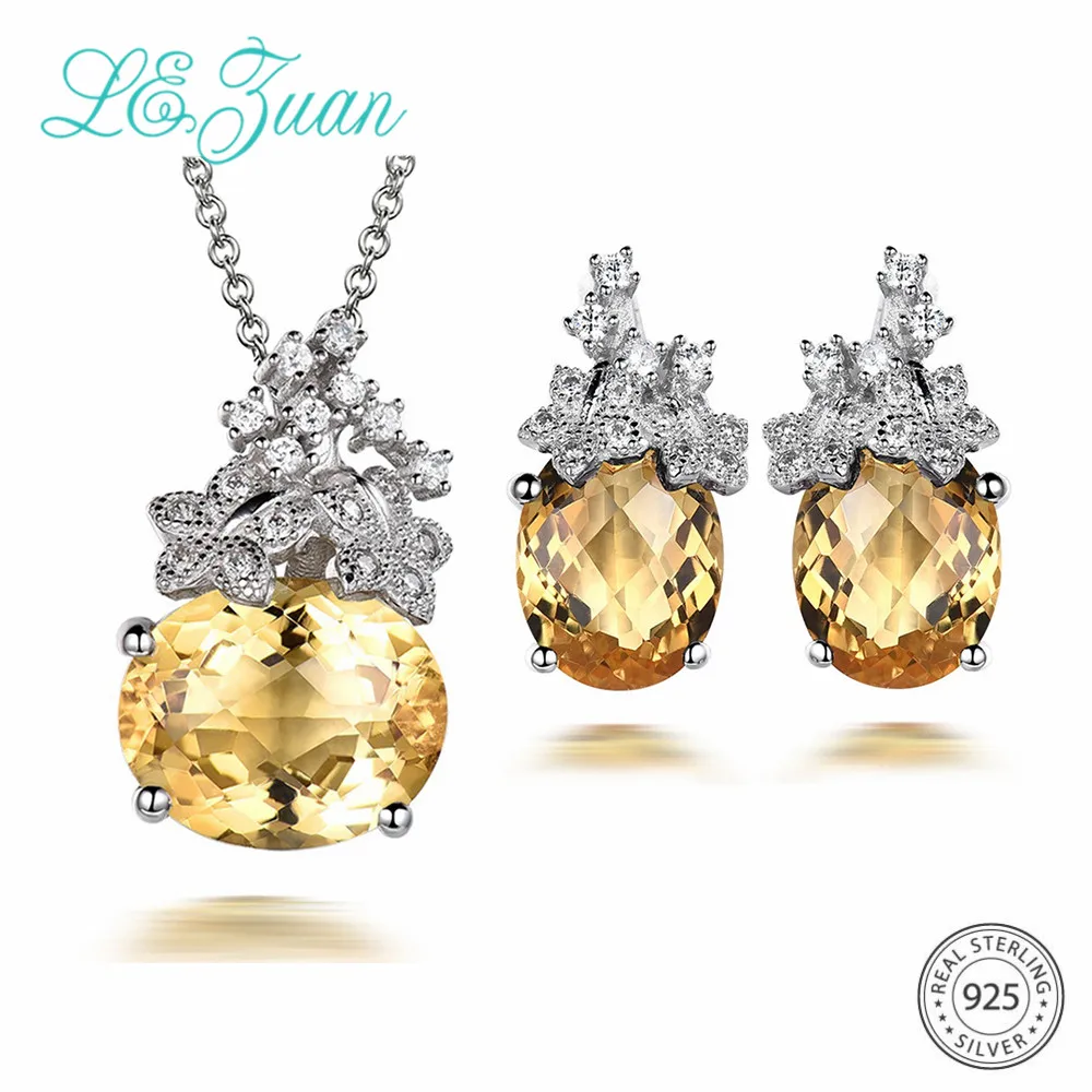 L& zuan 9.89CT натуральный желтый цитрин ювелирный набор Настоящее серебро 925 проба серьги-гвоздики/кулон для женщин Белый CZ ювелирные изделия