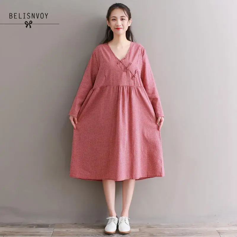 Casual Solid Color V-Neck Loose Long-Sleeved Dress
