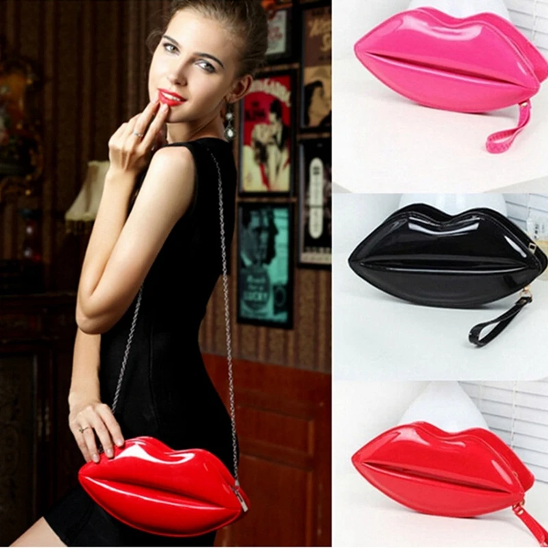  7 Colors 2016 New Popular Big Lips Pattern Women Bag Clutch Chain Shouder Bag Evening Bolsas Red PU Leather Handbags 