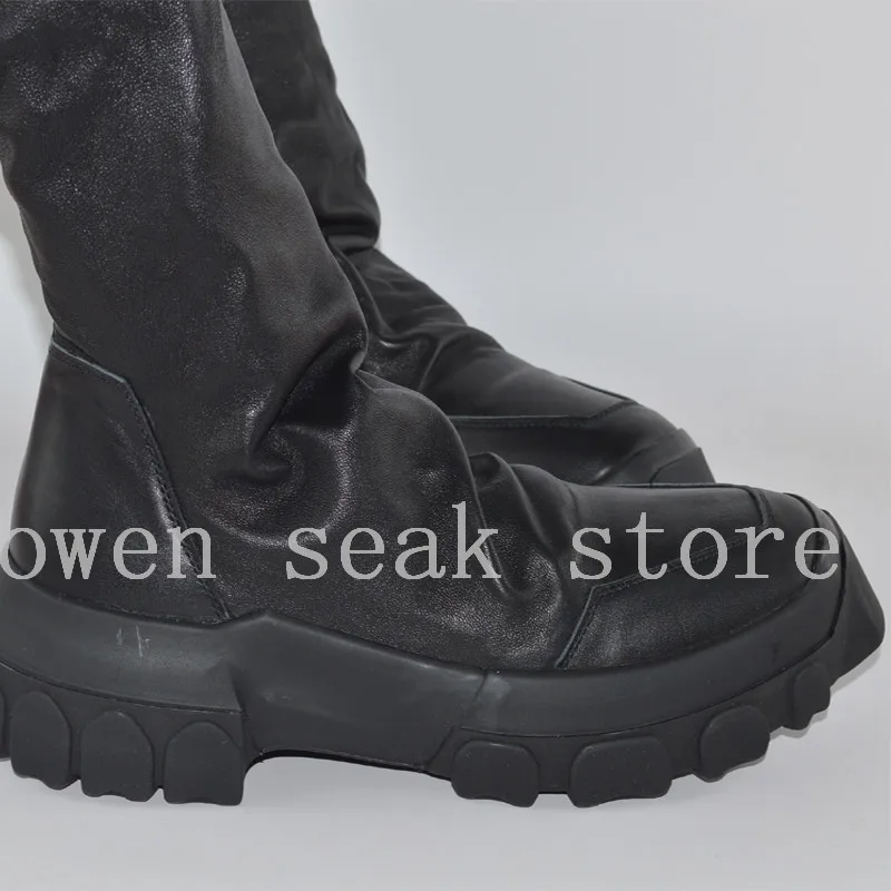 - Owen Seak Men Shoes Knee High Boots Sheepskin Leather Luxury Trainers Winter Boots Casual Flats Shoes Black Big Sneakers