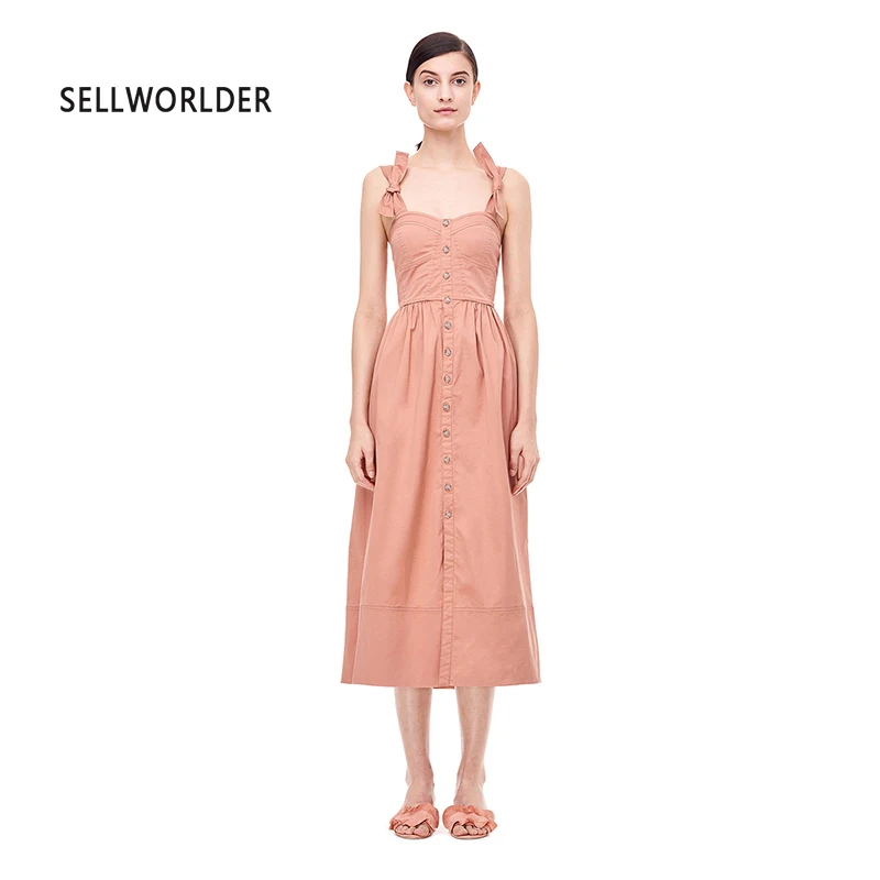 

Women's Single Soft Breasted No Backing Midi Dress A-Line Knot Adjustable Solid Strap Beautiful Pink Sleeveless Dress