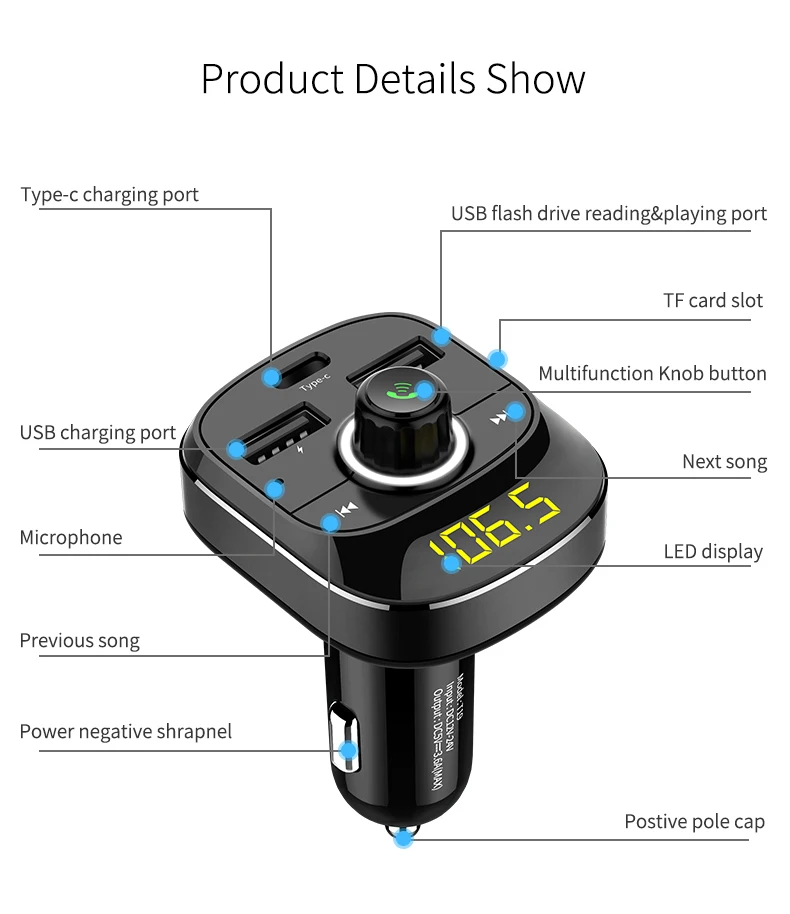 KORSEED Bluetooth Handsfree Kit type-C USB Автомобильное зарядное устройство fm-передатчик радио TF карта музыкальный Mp3 плеер беспроводной автомобильный комплект Hands-free