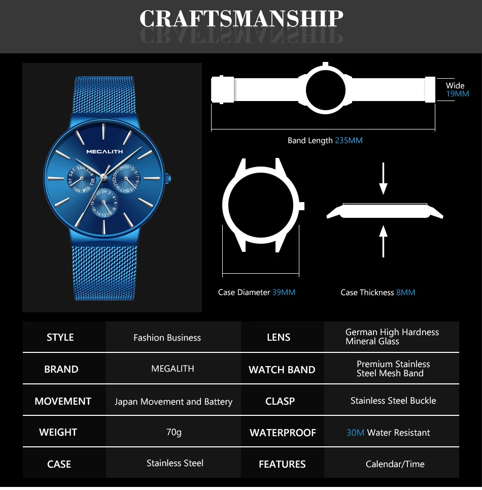 MEGALITH Бредовые кварцевые наручные мужские часы с ультратонким корпусом лаконичного дизайна, с датой на циферблате. Водонепроницаемые