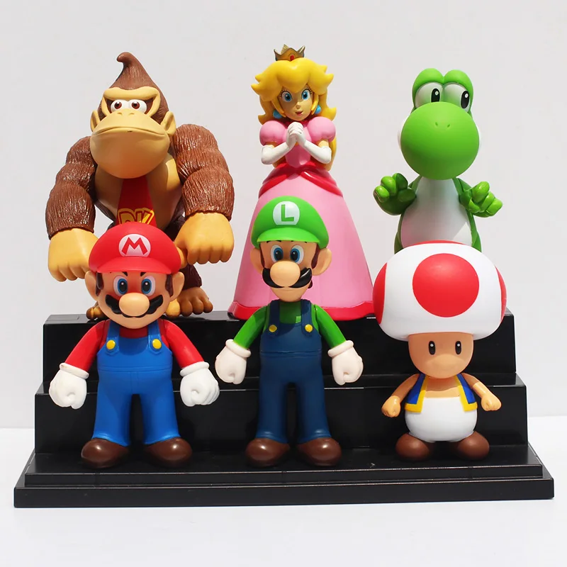 6pcs/Lot Super Mario Bros Princess Peach Toad Mario Luigi Yoshi Donkey Kong PVC Action Figure Toys Dolls Model