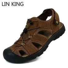 LIN KING/мужские сандалии из натуральной кожи; нескользящая Мягкая пляжная обувь для отдыха; дышащие мужские сандалии; сезон лето; большие размеры 50