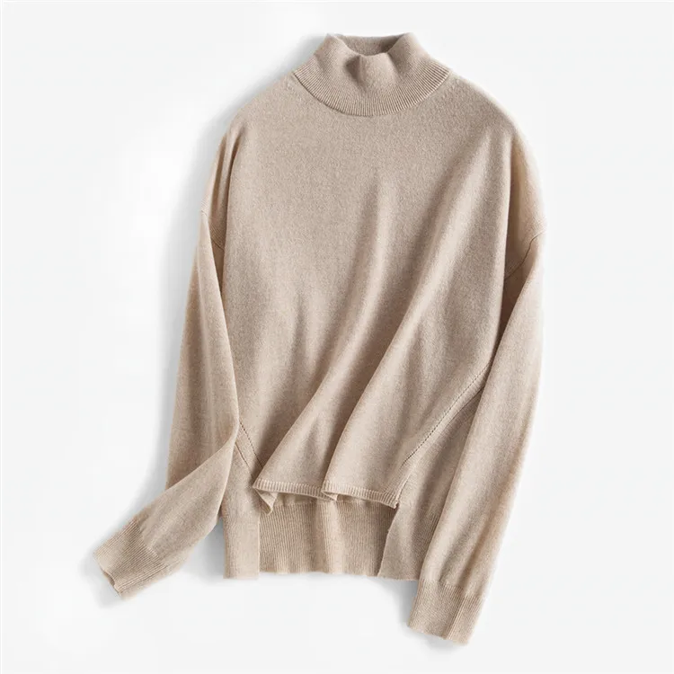  high grade pure wool turtleneck knit women vintage irregular hem pullover sweater pink 6colors one&