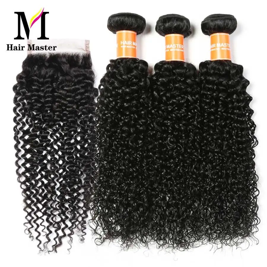 Волосы Master Curly пряди, с закрытием, перуанские волосы Remy, кружевная застежка с пряди для наращивания, человеческие волосы, 3 пряди с закрытием
