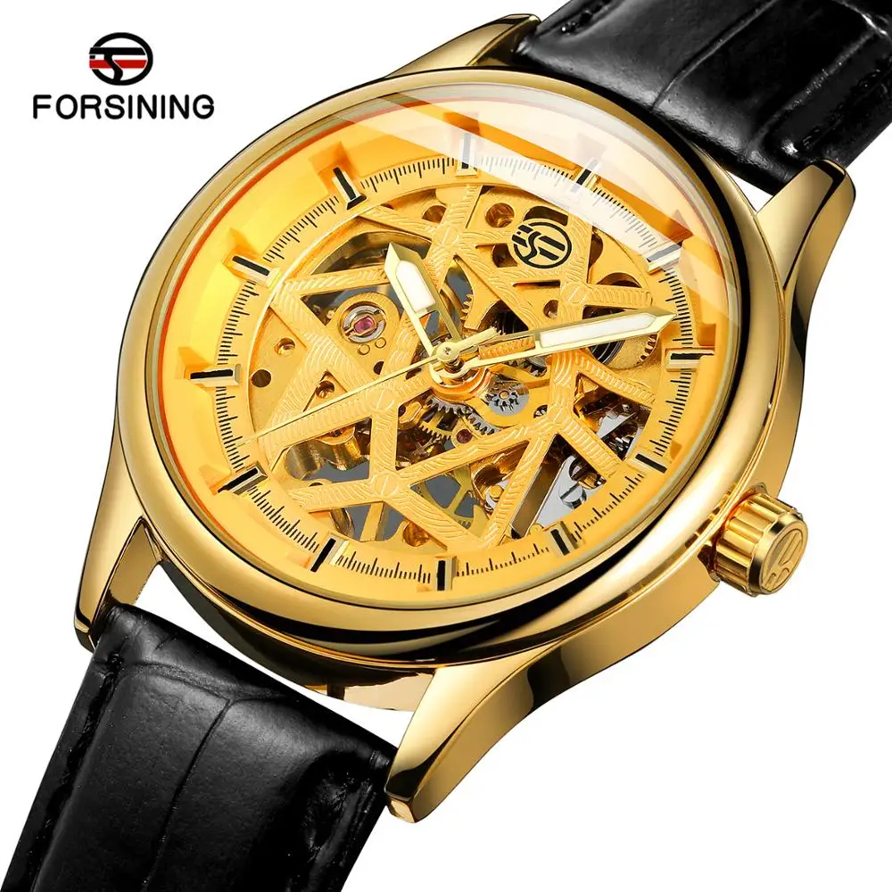 Forsining Top Brand Men's Classical Color Bars Index Dial Analog Hand Winding Mechanical Skeleton Genuine Leather Wrist Watch | Наручные