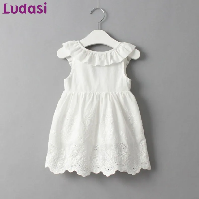 

Princess Girl Child Dress White Embroidery Vest Dress Kids Lotus Leaf Collar Sleeveless Backless Summer Beach Children Clothes
