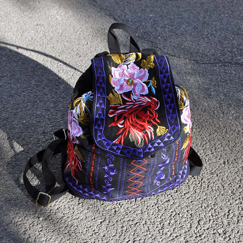 

RU&BR Fashion Canvas Bags National Wind Handmade Flower Embroidery Ethnic Backpacks Personality Characteristics Embroidered Bags