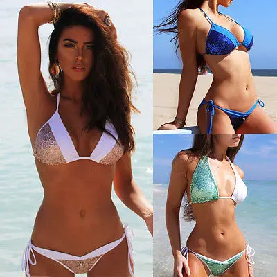 

sexyWomen Bandage Bikini Set Push-up Padded Bra Swimsuit Bandage Bathing Suit low waist Swimwear halter sequin beachwear biquini