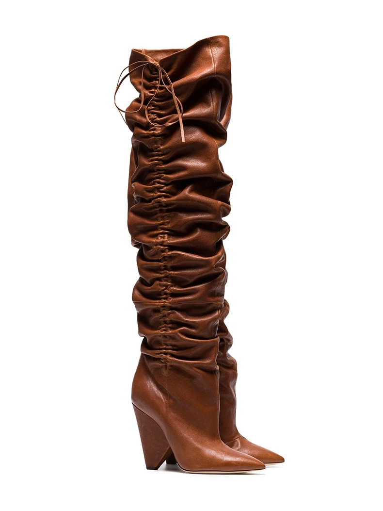 

Strange Heel Brown Cross Strap Luxury Brand Women Boot Leather Slouch Pleated Suede Knee High Cone Heel Pointed Toe Runway Shoes
