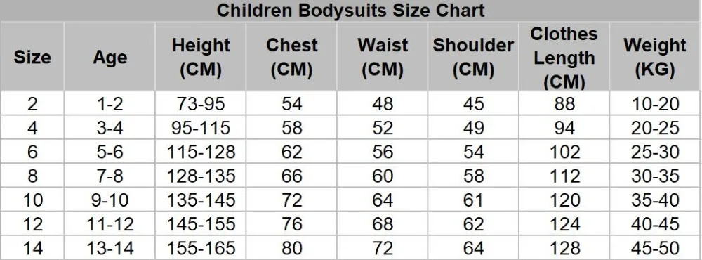 children bodysuits size