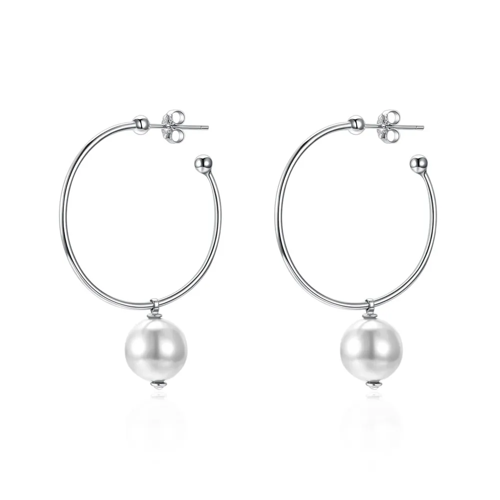 

INALIS 925 Sterling Silver Fashion Round Circle Shell Pearl Crystals from Swarovski Hoop Earrings For Women Jewelry Gift