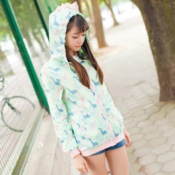 

Dinosaurs Print Zipper Full sleeve Thin Zip up Hoodie Sweet Lolita Jacket Kawaii Hoodies Women Soft Cute Japanese Girls Anorak