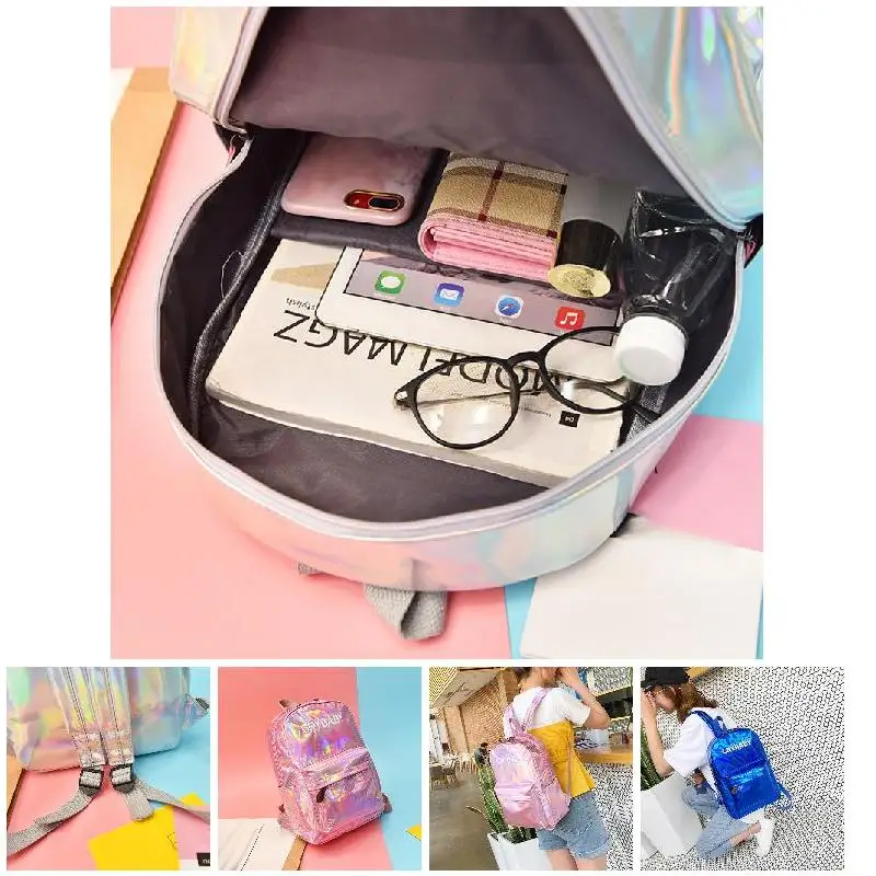 Majome Women Rainbow Holographic Shining Backpack PU Leather School Bag Travel Shoulder Bags 
