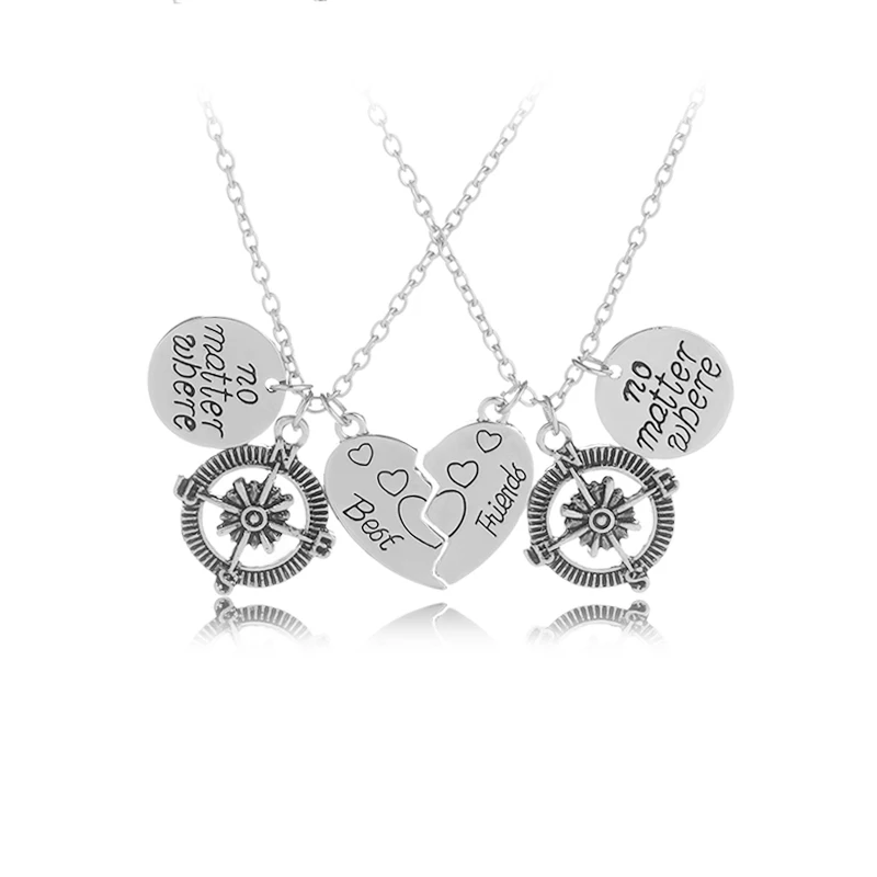 

2 Pcs Best Friends No Matter Where Compass Necklaces Set Heart Best Friend Gifts for Teen Girls BFF Friendship Necklaces