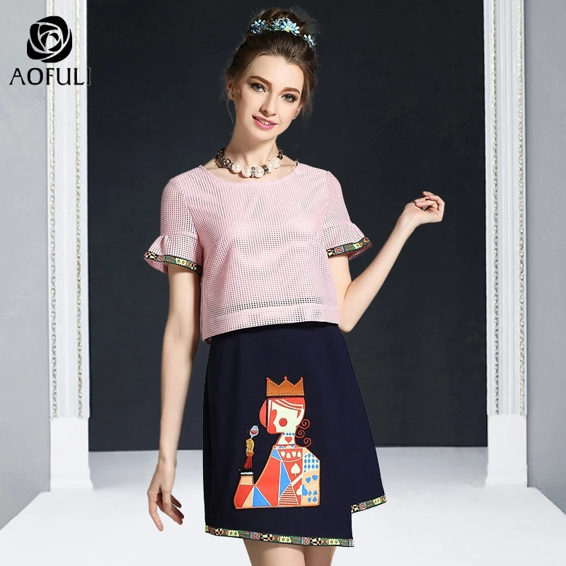 

AOFULI S- 3XL 4XL 5XL Ladies Queen pattern patchwork dresses Summer Plus Size fake 2 pieces Short Sleeve Casual Dress A4012