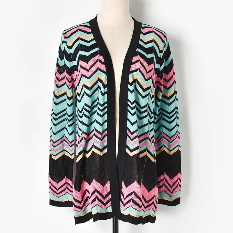 

New 2019 Summer Patchwork Wave Thin Coats Cardigan Women Knitted Casual Kroean Hollow Out Cardigans Striped Long Elegant Outwear