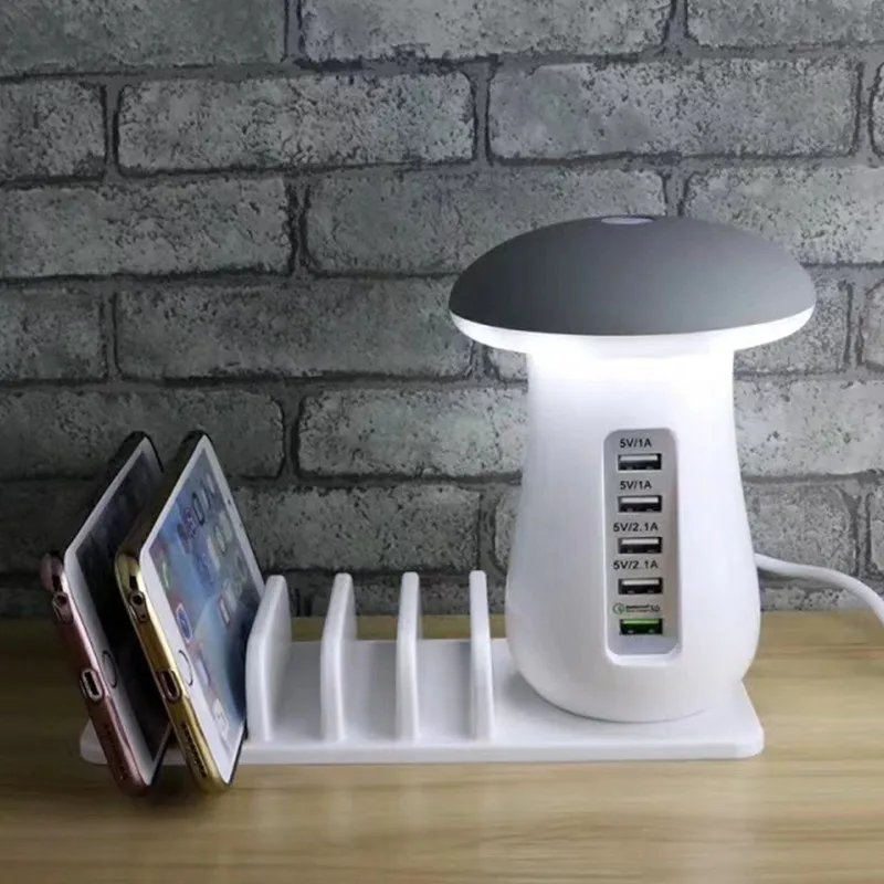 

Quick Charge 3.0 USB Charger Hub Mushroom Lamp Travel Charger 5 Port Adapter Phone Charging LED Mushroom Desk Light Night Light