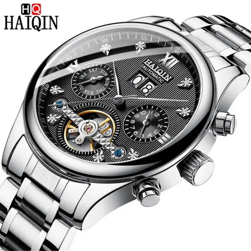 HAIQIN мужские часы новые роскошные золотые деловые машины/Досуг/автоматический/водонепроницаемый/нержавеющая сталь/часы для мужчин - Цвет: Silver Black S