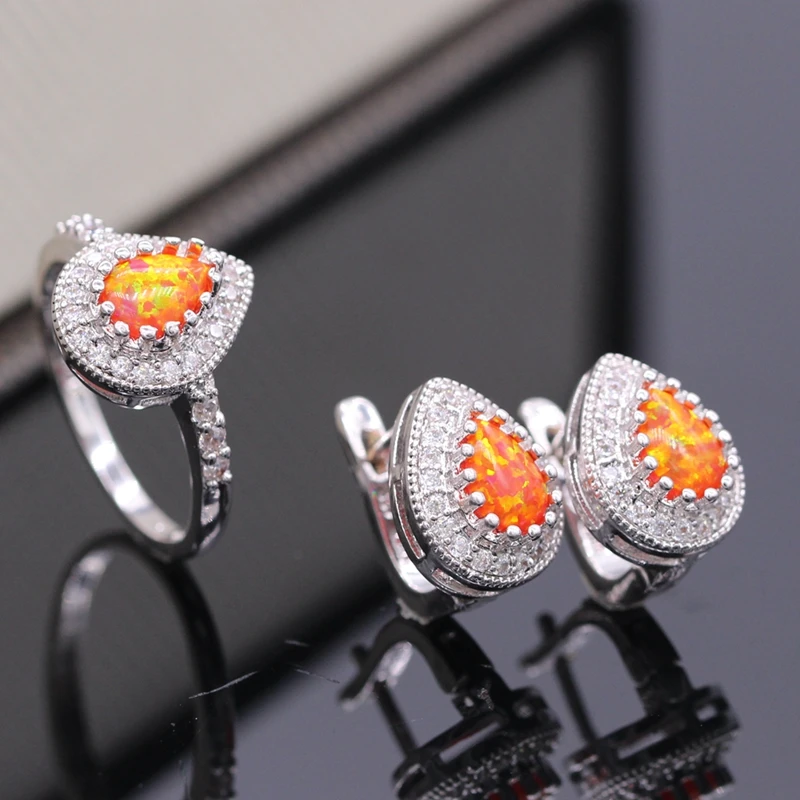 GZJY Fashion Jewelry Set WaterDrop Orange Fire Opal