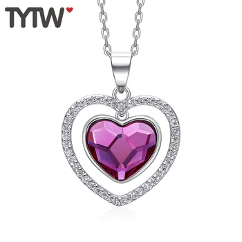 

TYTW Heart 925 Sterling Silver women Pendant Necklace Double Hearts Crystal from Austrian Chic Chain necklaces for Girls jewelry