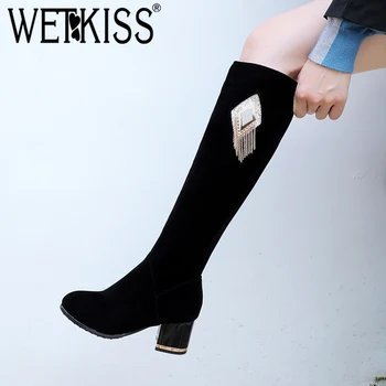 

WETKISS Red Sexy Crystal Knee Boots Round Toe Thick High Heel Shoes Metal Decor Fashion Female Boots Non Slip Zip Long Boots