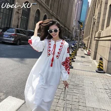 Ubei Vintage neckline tie loose lantern sleeve dress fashion embroidered cotton linen dress summer causal white long dress frill trim embroidered lantern sleeve dress