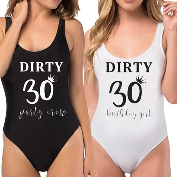 

Birthday Party One Piece Swimsuits Dirty 30 Queen Birthday Girl & Party Crew High Leg Bachelorette Swimsuit Fun Beachwears