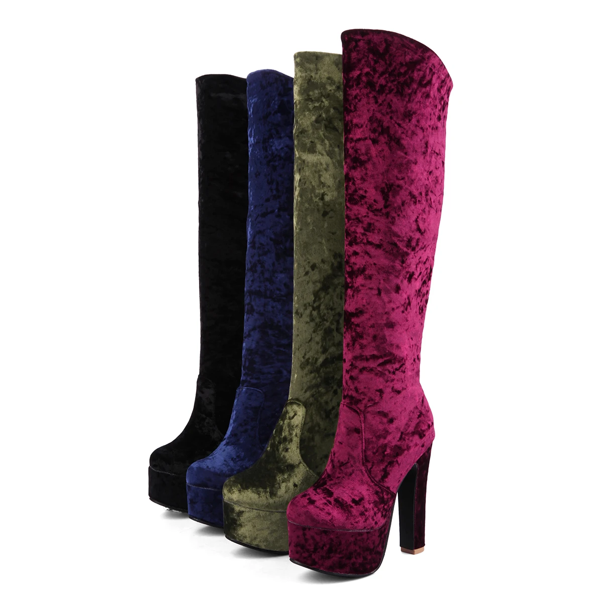 Г. Новые женские сапоги на высоком толстом каблуке 13 см флоковые сапоги до колена на платформе Демисезонные женские вечерние туфли черные, красные, синие, зеленые