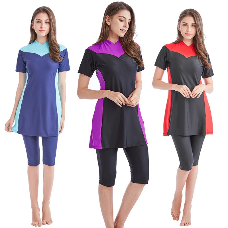 

Women Modest Muslim Swimwear Patchwork Full Cover Short Sleeve Swimsuit Islamic Hijab Islam Burkinis Beachwear Bathing Suit