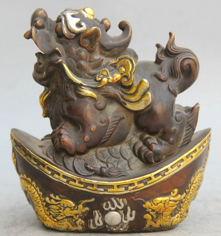 

Elegant old S1702 7" Chinese Bronze Gild Silver Wealth Money Dragon Unicorn Beast Pi Xiu sculpture statue (A0322) A0403