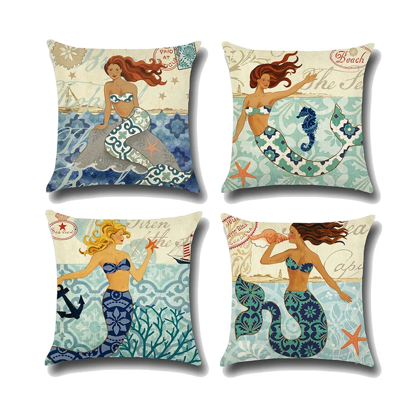 New Classical 4 colors Mermaid Cushion Cover Printed Soft Linen Throw Pillowcase living room Seat Pillow Decorative funda cojin | Дом и сад