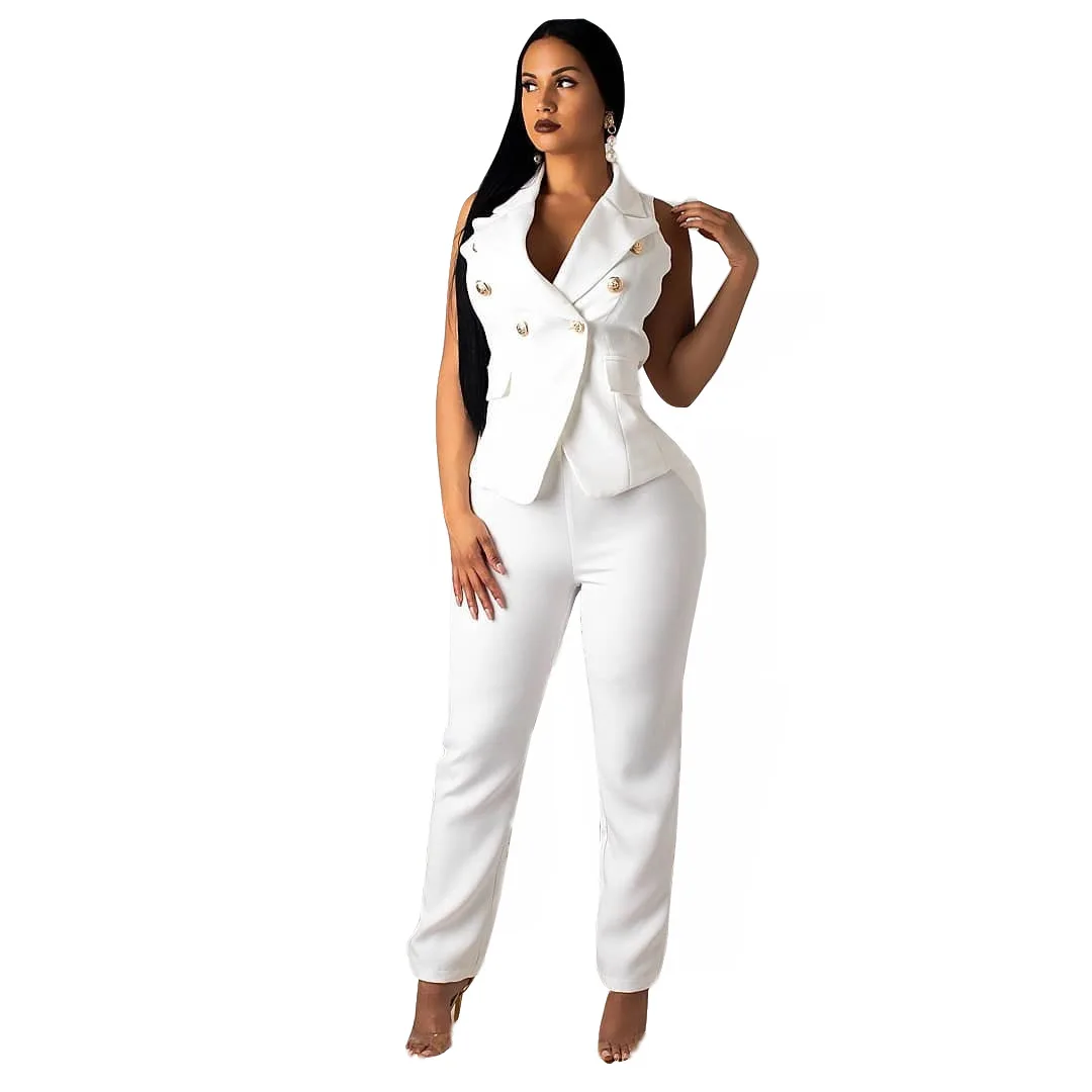 white sleeveless pantsuit