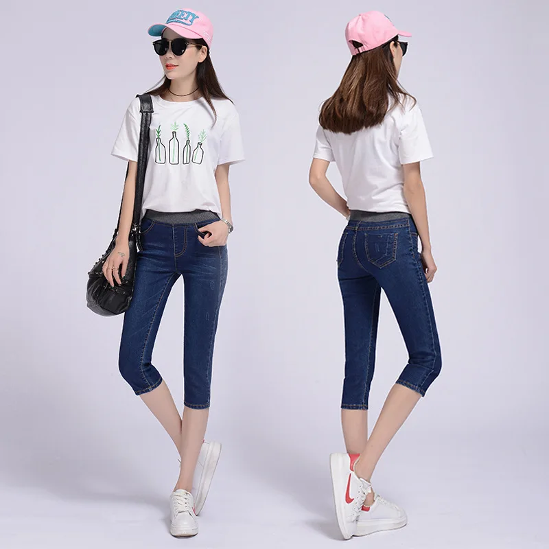 WKOUD Plus Size Women Jeans Capris Summer Calf-length Pencil Pants Stretch High Waist Denim Trousers Mom Jean Casual Pants P9079