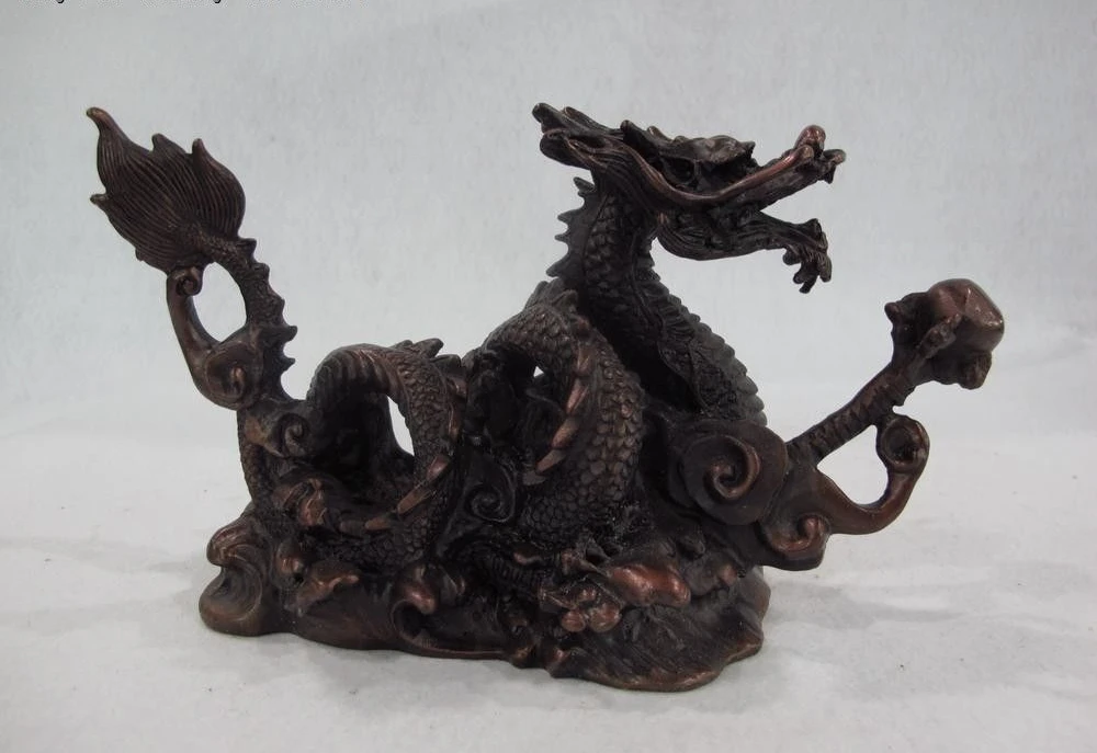 

Chinese Royal Red Copper Home Feng Shui Lucky wealth Fly Dragon Play Bead Statue