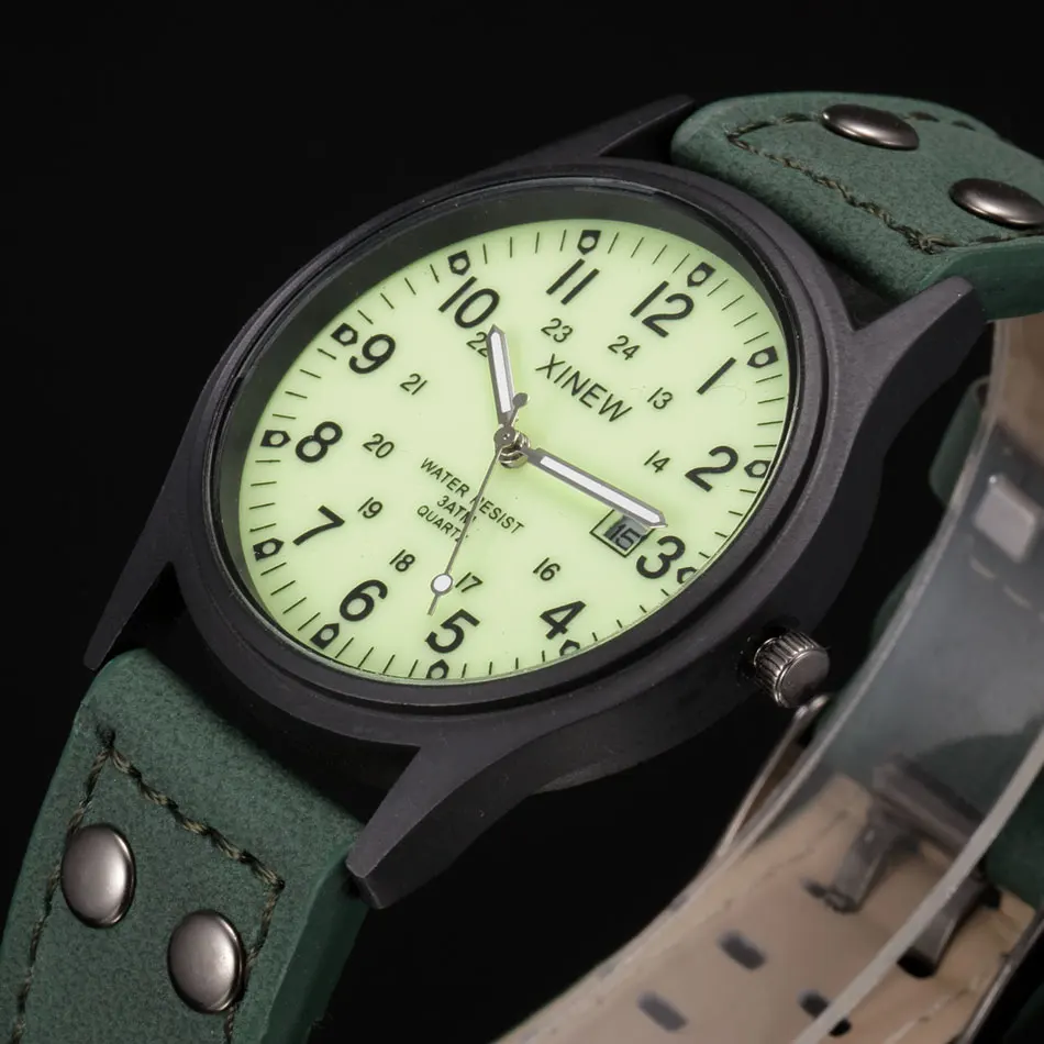 Мужские часы XINEW, брендовые, оригинальные, повседневные, винтажные, классические, с кожаным ремешком, спортивные, армейские, кварцевые часы, Relogio Masculino Marca - Цвет: Light green