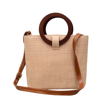 

Fashion Women Hot Beach Straw Bags INS Popular Autumn Female Wooden Ring Weave Handbag Casual Lady Knitted Shoulder Bag SS3423