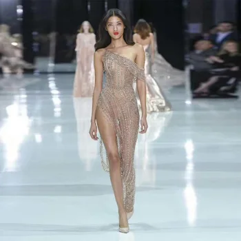 

New Fashion Champagne Long Celebrity Cocktail Party Dress Sexy See Through Bodyocn Maxi Summer Women Dress Vestidos Dropshipping