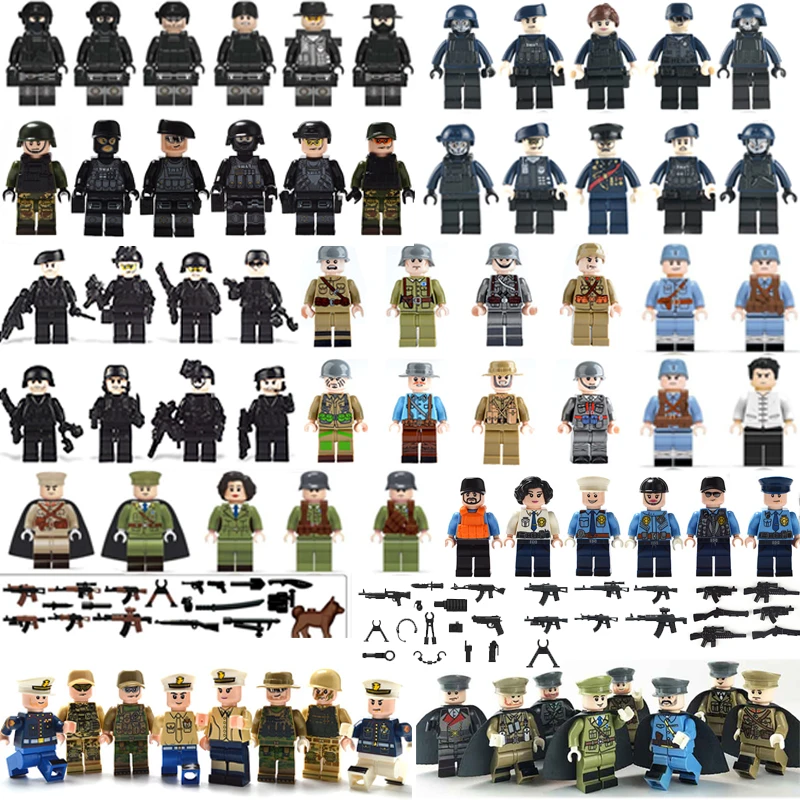 

60Pcs/set DIY Military Soldier Dolls Armed Forces Bricks Figures Guns Weapons SWAT Building Blocks Ww2 Toys