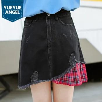 

Womens Denim Skirts Korean Fashion Distressed Patchwork Plaid A-Line Jupe Female Harajuku Vintage Mini High Waist Faldas