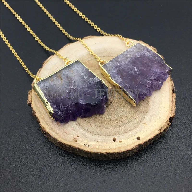 MY0860 Purple Crystal Quartz Stalactite Slice with Double Bails,Amethysts Gold Electroplated Pendant Gold Chain Necklace (2)