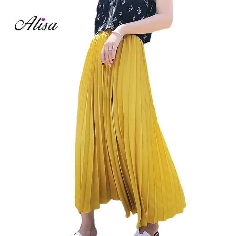 High Waist A line Skirt Pattern 2018 Summer Women Pleated Long Skirts