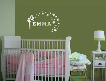 

Free shipping fairy with 55pcs stars wall mirror sticker ,Customized Baby name 3D mirror sticker