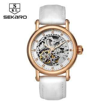 

SEKARO Watch Womens Wristwatch Fashion Skeleton Dial Luxury Diamond Watch Mechanical Leather Fashion Watch Gift for Female