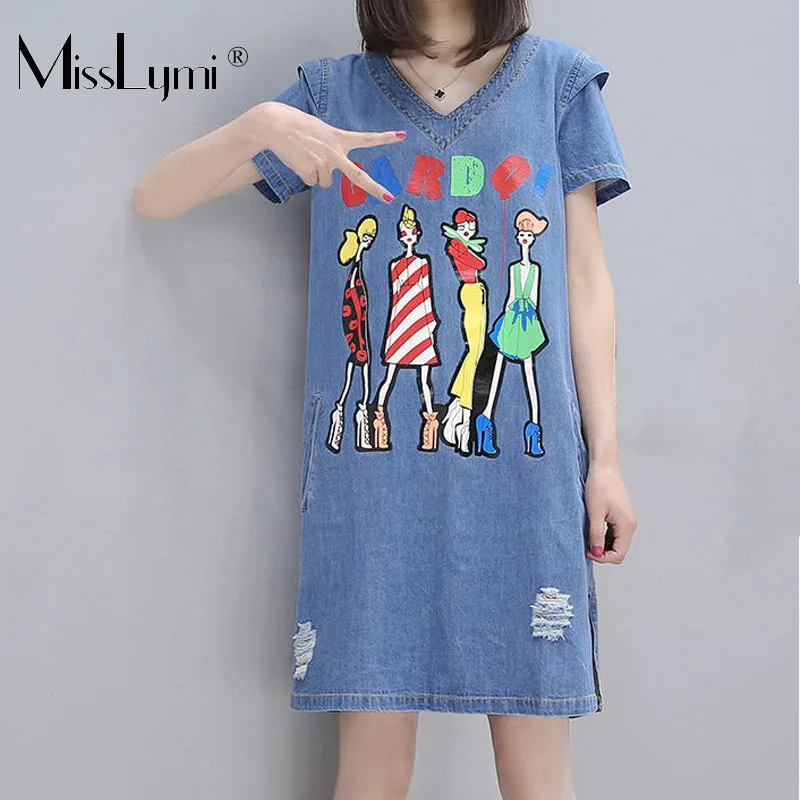 S-5XL Plus Size Women Denim Short Dress Summer 2019 Cute Cartoon Girls Print V-neck Short Sleeve Loose Casual Hole Jeans Dresses S-5XL Plus Size Women Denim Short Dress Summer 2019 Cute Cartoon Girls Print V-neck Short Sleeve Loose Casual Hole Jeans Dresses