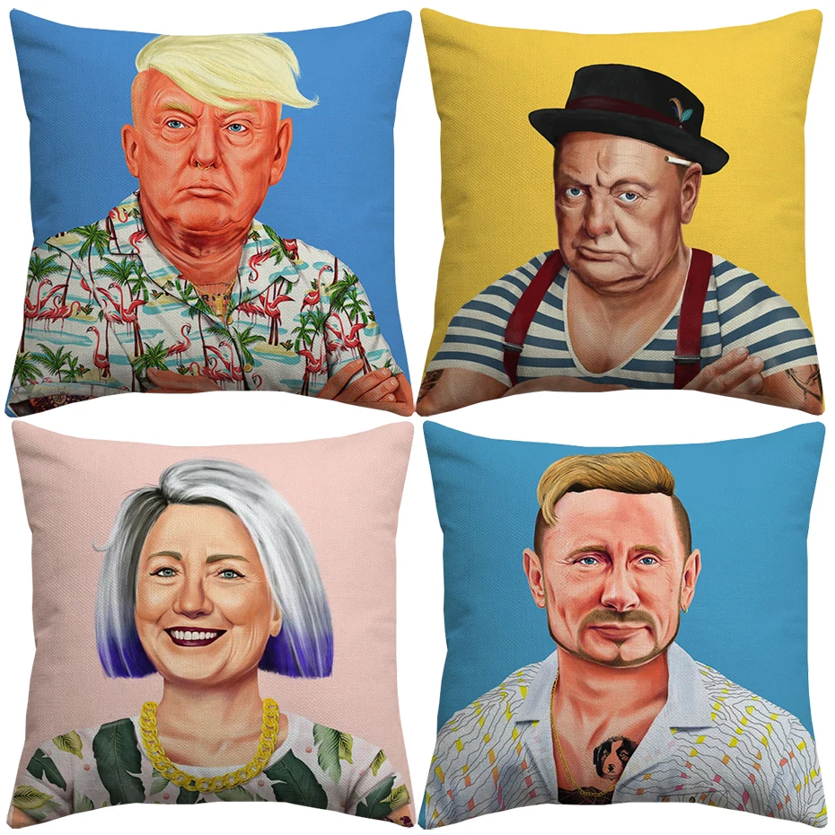 

Donald Trump Winston Churchill Cushion Covers Hippie Portrait Hillary Clinton Cushion Cover Bedroom Decorative Linen Pillowcase